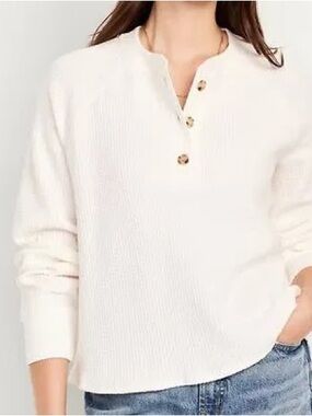 Old Navy Waffle Knit Henley Top White Size Large